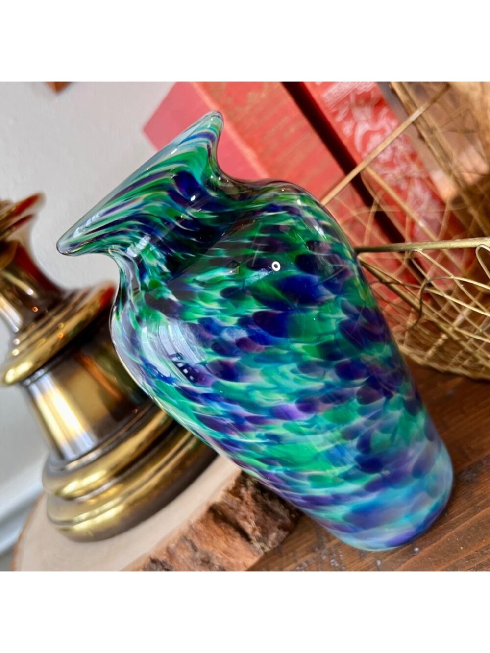 Signed Glasslight Studios Art Glass Green & Blue 7in. Vase